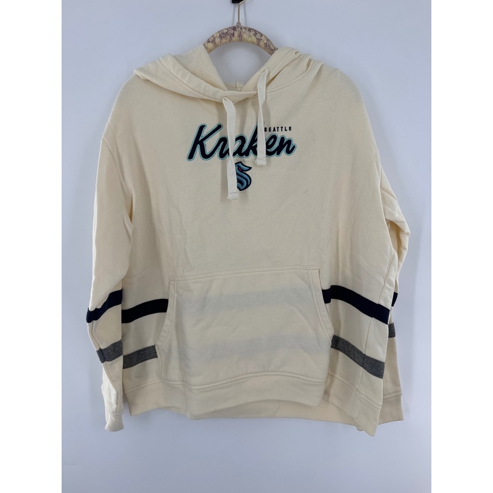 NHL Seattle Kraken Cream Striped Pullover Hoodie Sweatshirt Womens Large